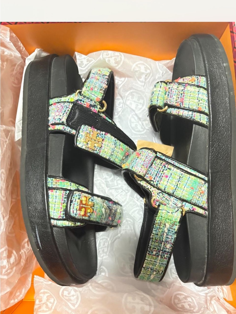 Tory Burch Kira tweed Green Pink and Orange Patterned sandal NWT